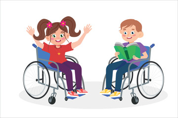 Vector illustration of children with disabilities. Cartoon scene of a smiling girl waving her hands and a boy with a book in a wheelchair isolated on a white background.