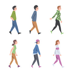 People Characters Going and Walking with Different Gait Side View Vector Illustration Set