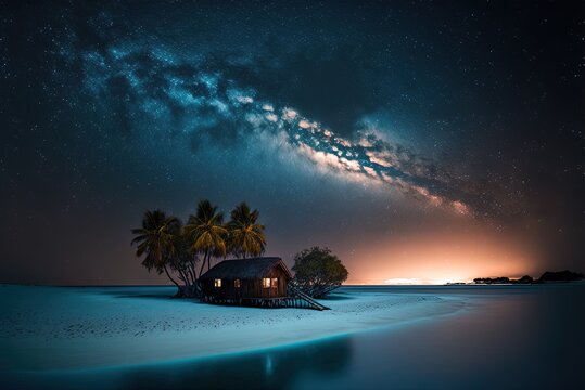 View of the night sky above the Maldives from a beach or island Generative AI