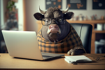 Office Cow: Funny Fat Cow Works at Desk in Casual T-Shirt and Glasses, Generative AI