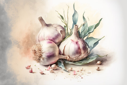 close-up of garlic in an aquarelle style, ai generated