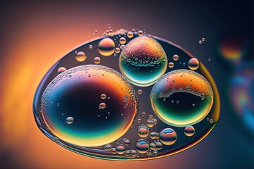  a close up of a water droplet with bubbles on a black background with a yellow and blue background and a blue and orange background.  generative ai