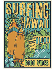 Surfing hawaii poster, aloha beach summer print with surf board and tropical leaves. Good vibes design