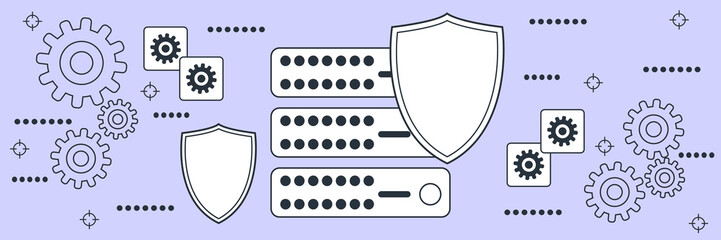 Fototapeta premium Database protection, server control, information security flat contour style vector concept illustration