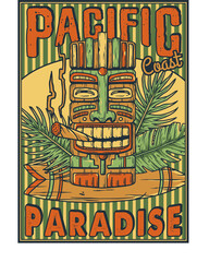 Surf surfing summer tribal poster. Tiki mask on board. Surfer and tropical leaves print