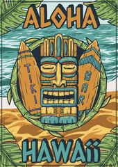 Aloha hawaii surf poster. Summer surfing tiki mask print