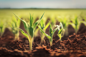 Corn field in spring with fresh green sprouts in soft focus (Generative AI)