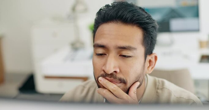 Computer, headache and face of businessman stress over bad investment, stock market crash or financial economy crisis. Burnout, migraine and crypto trader with forex or NFT trading mistake