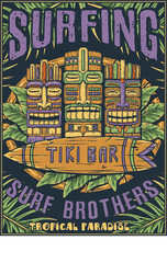 Surf brothers summer poster. Surfing beach bar with tiki mask and tropical leaves