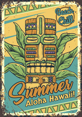 Aloha hawaii surf poster. Summer surfing tiki mask print © Casoalfonso