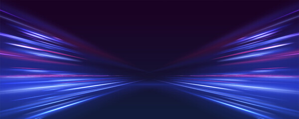 Fototapeta Futuristic dynamic motion technology. Neon color glowing lines background, high-speed light trails effect. Purple glowing wave swirl, impulse cable lines. obraz