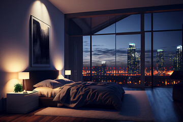Spacious modern penthouse bedroom at night.  AI generative. 