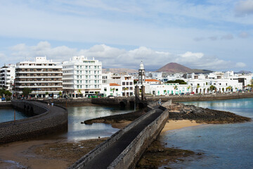 Arrecife city center view from the castle. Capital of Lanzarote, Canary Islands. Cityscape of Arrecife on sunny day horizontal landscape background.