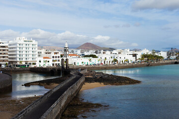 Arrecife city center view from the castle. Capital of Lanzarote, Canary Islands. Cityscape of Arrecife on sunny day horizontal landscape background.
