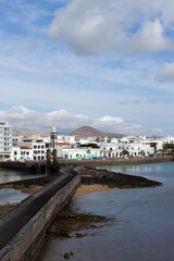 Fototapeta na wymiar Arrecife city center view from the castle. Capital of Lanzarote, Canary Islands. Cityscape of Arrecife on sunny day horizontal landscape background.