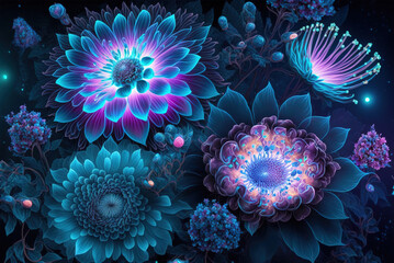 Fantasy luminous flowers at night, beautiful floral background, generative AI - obrazy, fototapety, plakaty