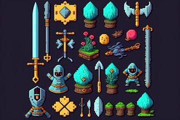 Illustration of indie game assets - pixel art  - Created with Generative AI Technology