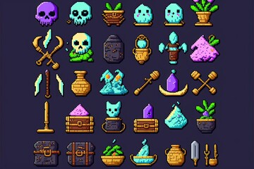Obraz premium Illustration of indie game assets - 8 bit /16 bit pixel art - Created with Generative AI Technology