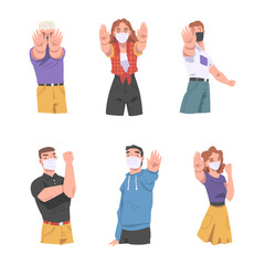 Man and Woman Wearing Medical Face Mask Showing Stop Virus Sign with Their Hands Vector Set