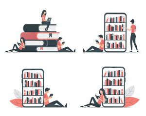People read books. Online education. Colored flat illustration. 