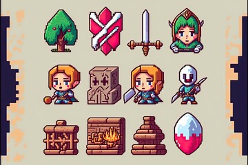 Illustration of indie game assets - 8 bit  16 bit pixel art  - Created with Generative AI Technology