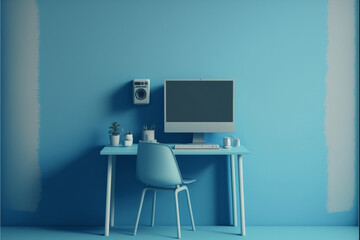 a cose blue wall with tiny desk, design