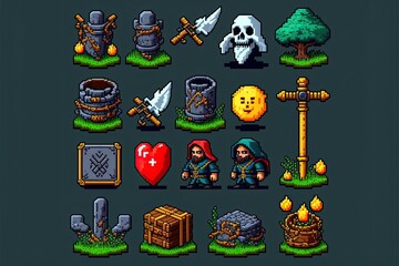 Illustration of indie game assets - 8 bit /16 bit pixel art lookalike - Created with Generative AI Technology