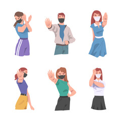 Fototapeta premium Man and Woman Wearing Medical Face Mask Showing Stop Virus Sign with Their Hands Vector Set