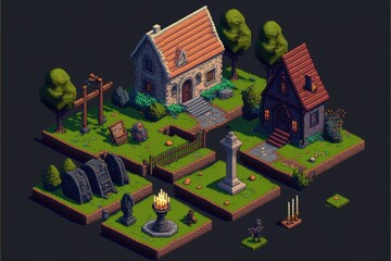 Illustration of indie game assets - 8 bit /16 bit pixel art lookalike - Created with Generative AI Technology