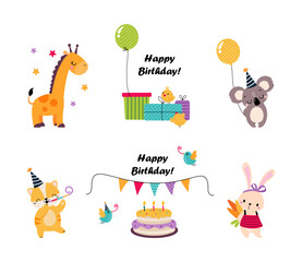 Cute Animal Characters Celebrating Birthday Holiday with Cake, Gift and Balloons Vector Set