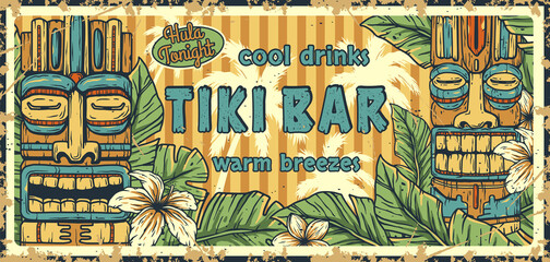 Tiki bar surfing summer poster. Tropical leaves, beach party and summer time