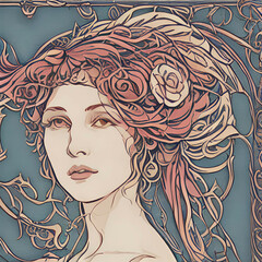 portrait of a fictional woman in art nouveau style, Generative AI