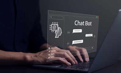 Chat Bot Chat with AI or Artificial Intelligence technology. Man using a laptop computer chatting...