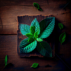mint leaf on wooden background