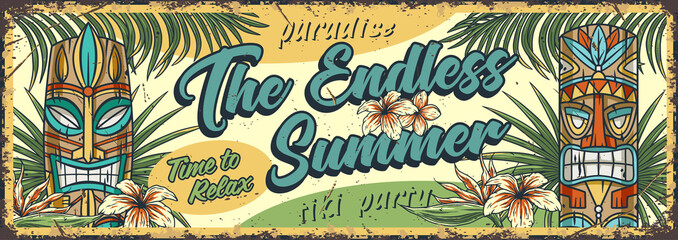 Summer beach tiki sign. Surfing poster with tiki mask and tropical leaves