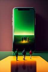 People Walking to the Screen of Giant Smartphone - Screen Time Management - Technology Addiction - AI Generated Art