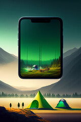 Real Nature Camping Site vs Social Media Application Concept - Pople in the Mountains - Hiking in the Forest - Screen Time Management - Technology Addiction - AI Generated Art