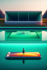 Silhuette of a Man standing on a Screen of Giant Smartphone - Swimming Pool - Urban Environment - Recreational Space - Wasting Time in Social Media - Screen Time Management - Technology Addiction - AI