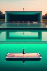 Man standing on a Screen of Giant Smartphone - Swimming Pool - Urban Environment - Recreational Space - Concrete Minimalistic - Wasting Time in Social Media - Screen Time Management - Technology Addic
