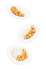 Orange teriyaki chicken with rice in a plate on a white isolated background