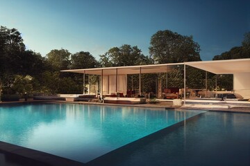 Obraz premium Beautiful tropical beach front hotel resort with swimming pool, paradise destination for vacations. Generative AI illustration.