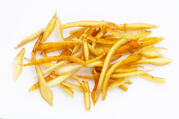 Sliced fingerroot on white background.
