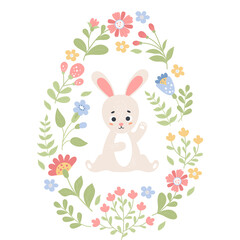Easter egg with cute rabbit and flowers