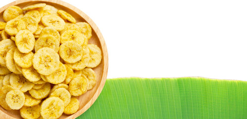 Banana slice chips on white background.