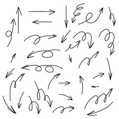 Set Black Arrows Line. Navigation direction swirl guideline cursor outline element for decor design. Hand drawn vector clipart