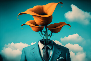 Portrait surréaliste d'homme à tête de fleurs en costume cravate - Générative IA - obrazy, fototapety, plakaty