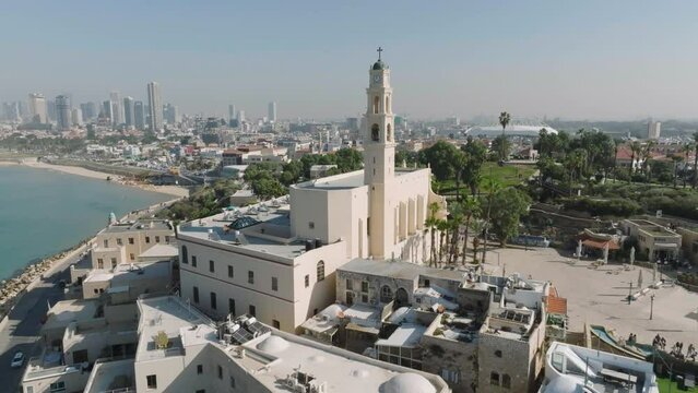 Aerial footage of Tel Aviv Yaffo, St. Peters church