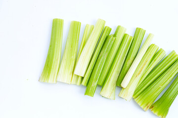 Fresh celery on white background. Top view