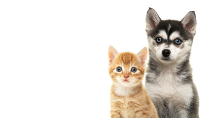 Ginger kitten and pomsky puppy portrait togehter on a white background with space for copy