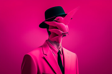 Portrait surréaliste d'homme en costume cravate avec oiseau - Générative IA